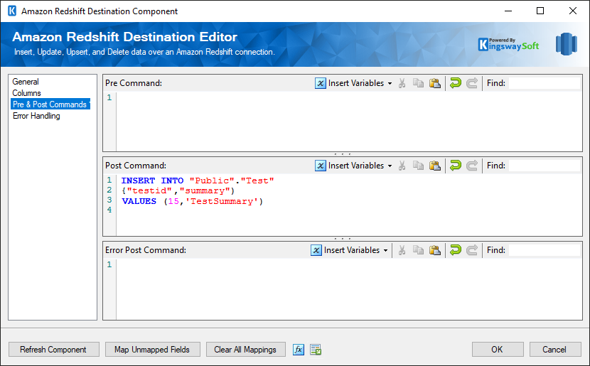 Amazon Redshift Destination - Pre & Post Commands Page